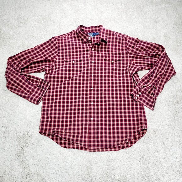 Polo Ralph Lauren Classic Western Pearl Snap Btn Shirt Men L Red Tartan Plaid - Picture 1 of 12